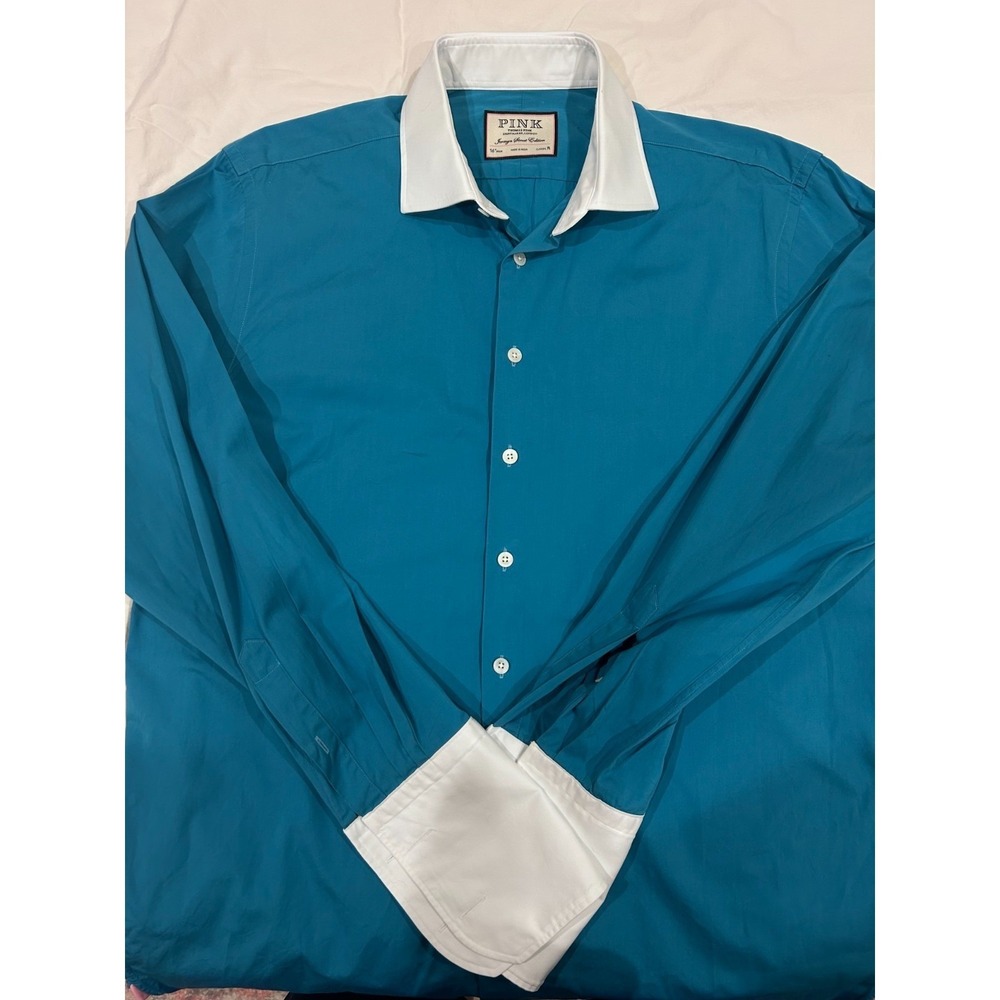 Thomas Pink Jermyn Street Classic R 16 Teal Dress Shirt White Contrast Collar